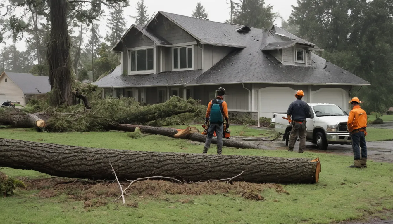 A homeowner and a tree provider looking at a fallen tree in a backyard in Lone Jack after a storm