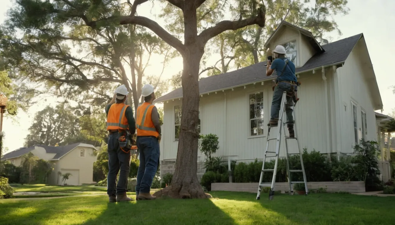 A local provider's crew inspecting a large backyard tree beside a Lone Jack home